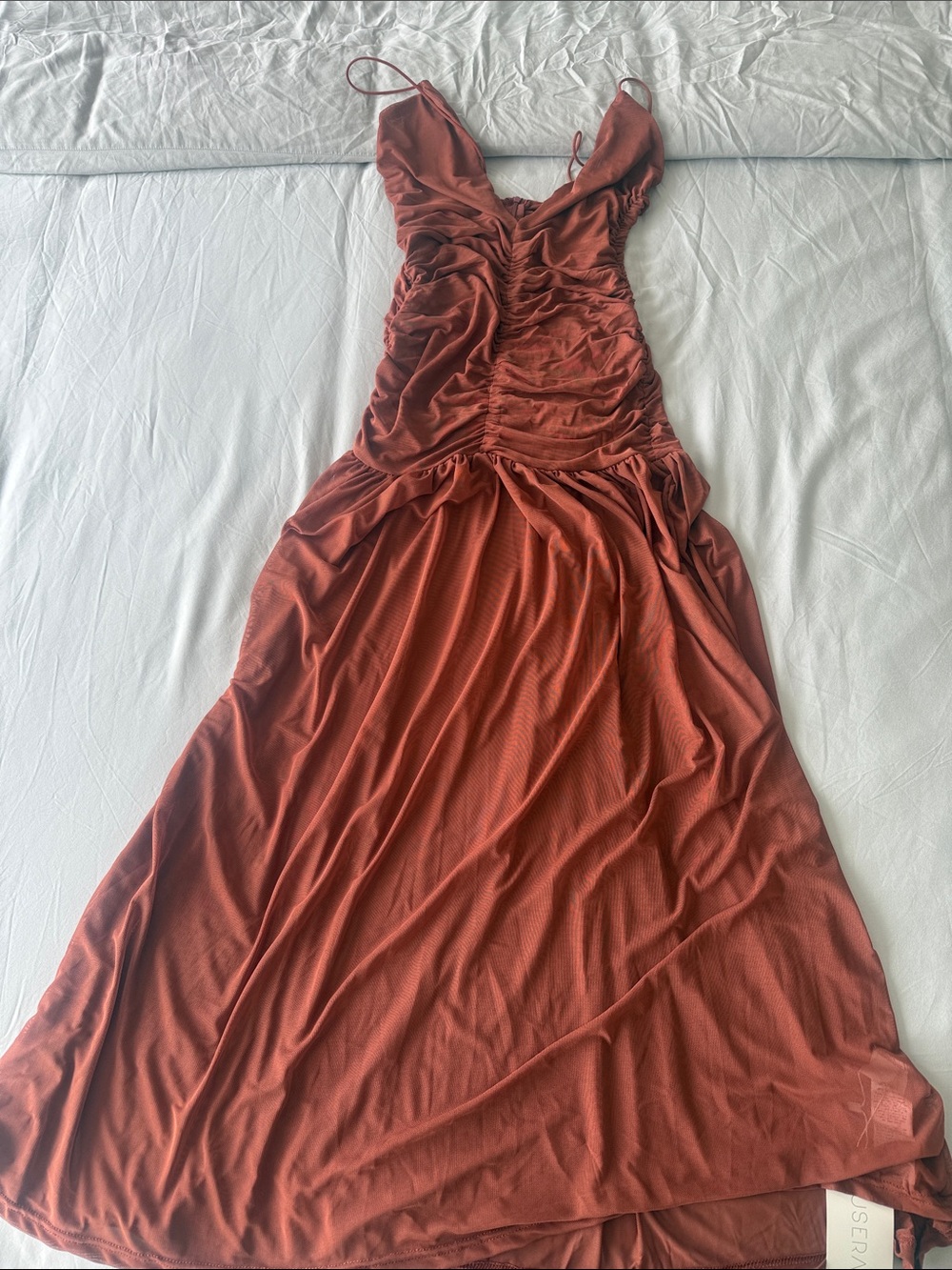 Rust Red Ruched Maxi Dress with Spaghetti Straps